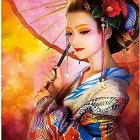 Colorful digital artwork: Young woman in kimono with pink parasol, floral backdrop