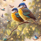 Colorful Birds on Branch with Butterflies in Soft Scene
