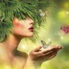 Illustration of woman with floral crown, butterflies, and glowing vines in magical setting