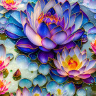 Colorful digital artwork of lotus flowers in blue and purple with sparkling crowns, floating on water