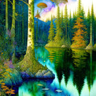 Fantasy forest with oversized mushrooms, luminescent plants, and serene water body