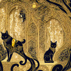 Detailed Gold and Black Illustration of Trees, Cats, and Architectural Domes