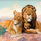 Majestic lions against colorful abstract splash background
