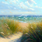 Tranquil beach landscape with tall grass, blue sky, seagulls, and gentle waves