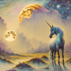 Mystical unicorn duo under celestial sky with multiple moons in vibrant mountain landscape