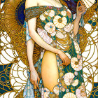 Art Nouveau Woman Illustration with Floral Patterns and Gold Detailing