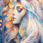 Surreal cosmic illustration of woman's face with swirling star-filled hair