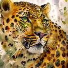 Colorful Leopard Face Illustration with Green Eyes and Watercolor Spots