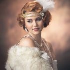 Portrait of a woman with gold headpiece, white flowers, white and gold dress in soft-focus setting