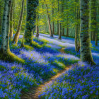 Lush Forest Scene with Blue Flowers and Sunbeams