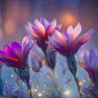 Bright Purple Flowers in Soft Glowing Light on Dreamy Blue Background