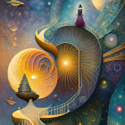 Woman on staircase ribbon in cosmic surreal illustration