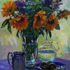 Colorful Still Life Painting of Vase with Sunflowers and Blue Flowers