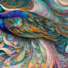 Colorful bird illustration with intricate patterns in blue, orange, and gold on detailed flora background