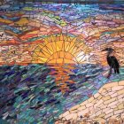 Colorful sunset sailboats mosaic artwork on rippling water