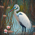 Vivid illustration: Heron in lush foliage with blooming flowers