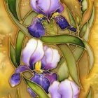 Colorful digital artwork of purple irises with yellow accents on textured green foliage background.