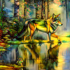 Detailed Wolf Artwork with Golden and Blue Hues