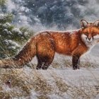 Red fox in snowy forest clearing with falling snowflakes and white-barked trees