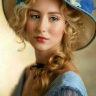 Illustration of woman with blonde wavy hair in blue hat and dress