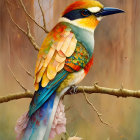 Colorful stylized bird illustration with intricate plumage on branch with flowers, tiny hummingbird.