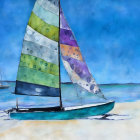 Colorful Abstract Sailboat Painting with Mosaic Sail on Blue Water