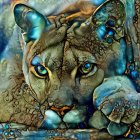 Colorful Digital Artwork: Majestic Orange-Spotted Cat with Green Eyes & Black Cat in