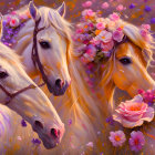 Floral-crowned horses in vibrant purple flower field