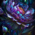 Luminescent Peony Digital Art with Swirling Blue and Purple Petals