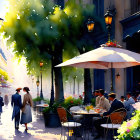 Colorful street scene with outdoor dining and greenery on a sunny day