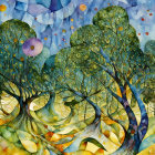Colorful Digital Art: Stylized Trees on Swirl Background