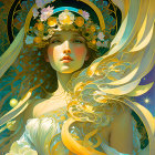 Digital artwork featuring woman with ornate gold and turquoise headpiece and flowing hair with abstract patterns.