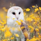 Barn owl perched in yellow flower field with heart-shaped face