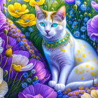 Colorful illustration of white cat with blue eyes and yellow spots in jeweled collar amid purple and yellow