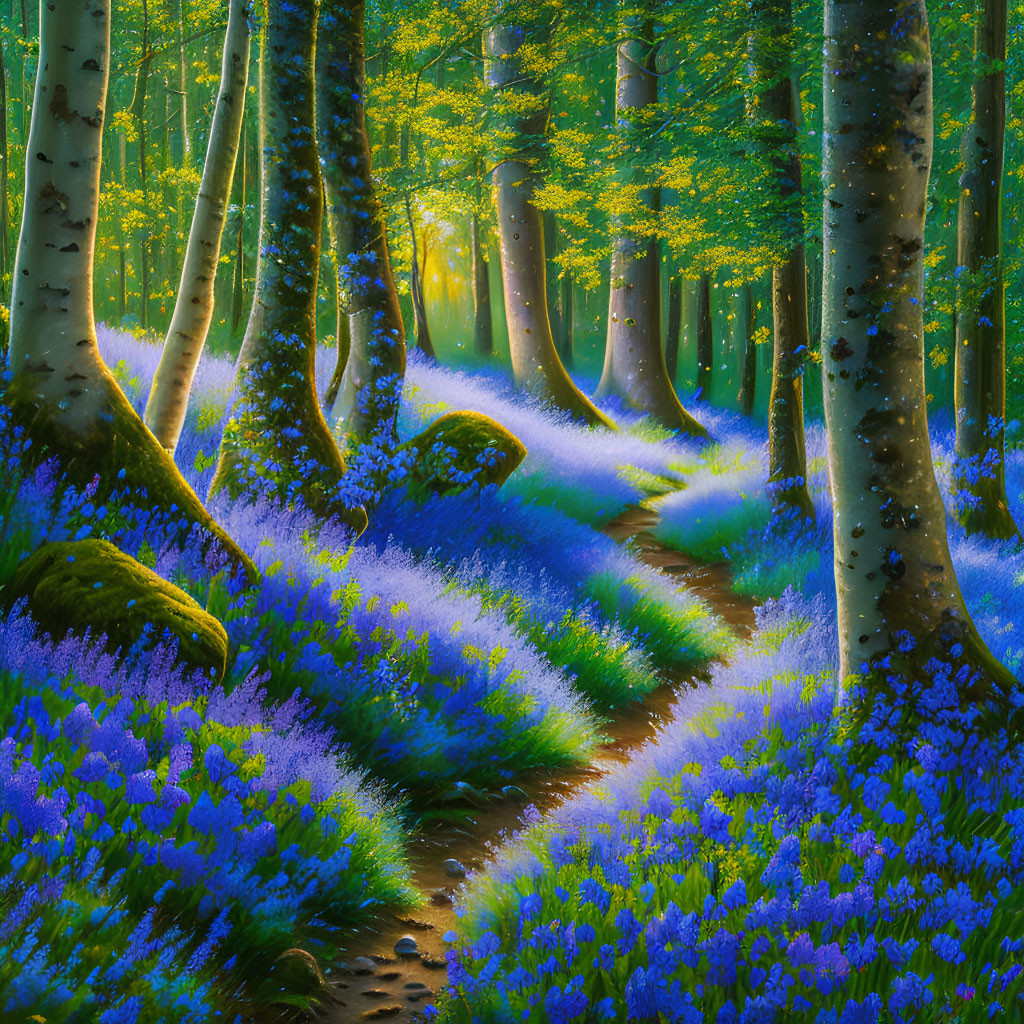 Lush Forest Scene with Blue Flowers and Sunbeams