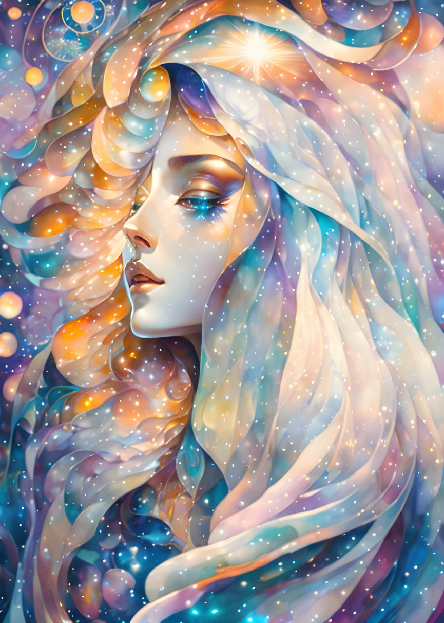 Surreal cosmic illustration of woman's face with swirling star-filled hair