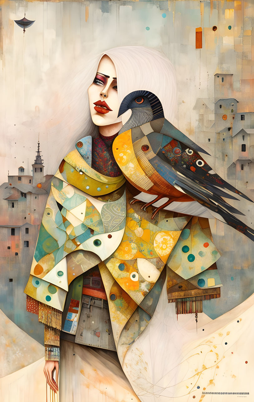 Stylized portrait of woman with white hair in vibrant, geometric clothing embracing ornate bird among whims