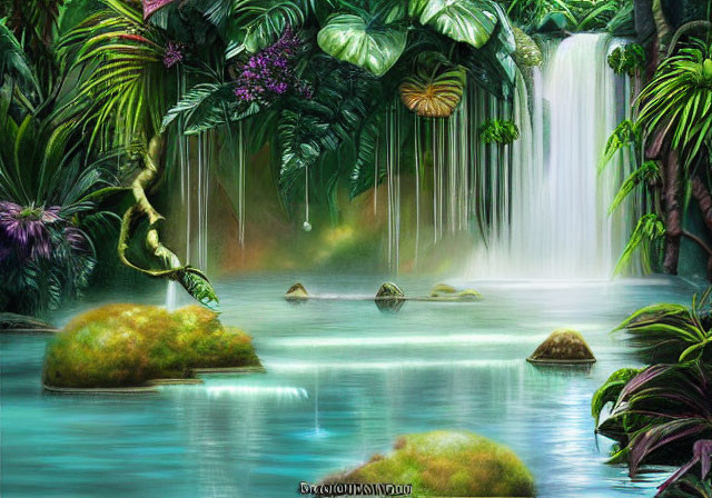 Tranquil Tropical Waterfall in Lush Greenery