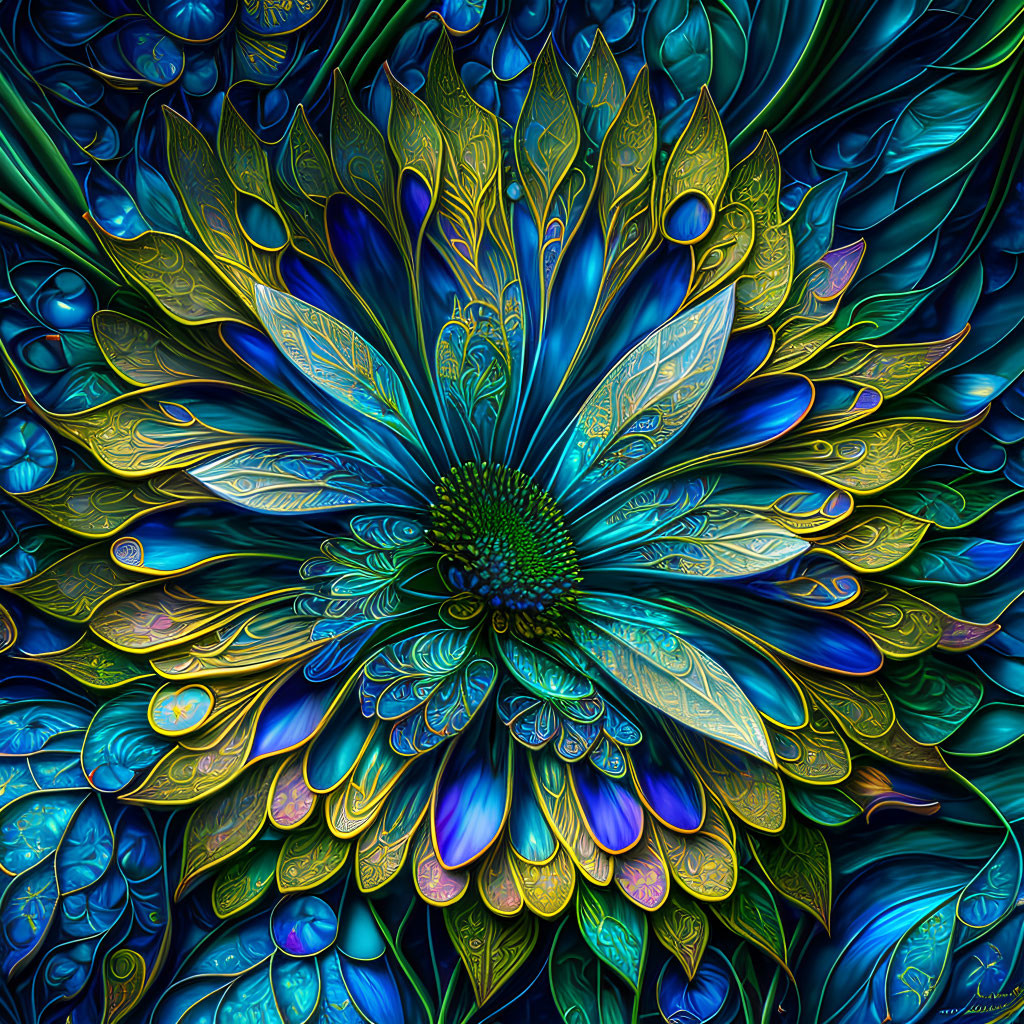 Vivid Digital Artwork: Fractal Flower in Blue, Green, and Gold