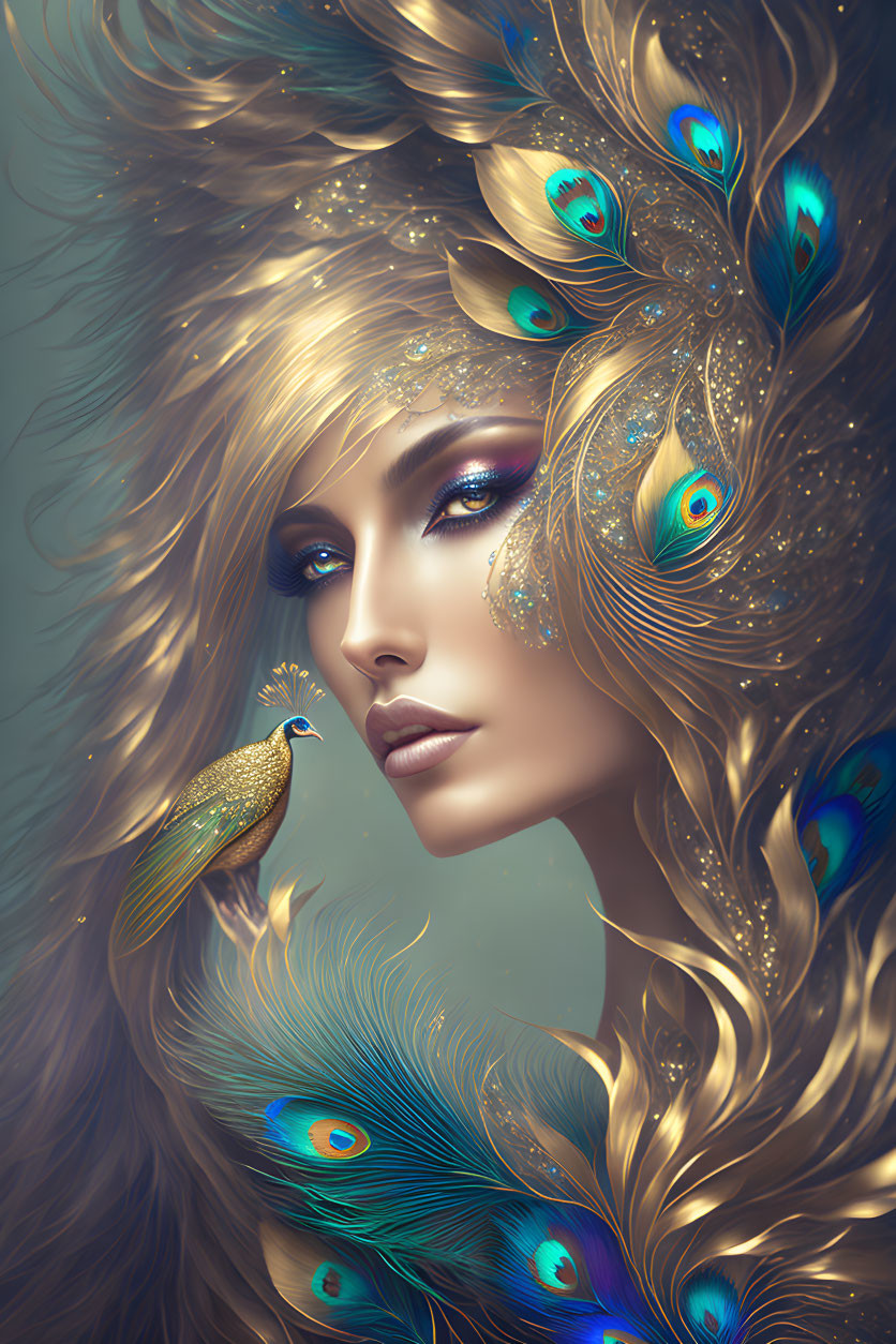 Vibrant artwork of woman with peacock feathers and miniature bird