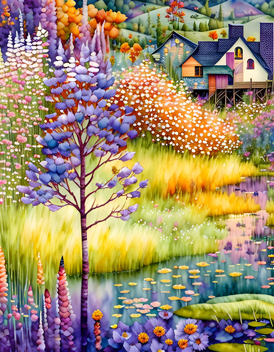 Colorful Countryside Scene with Blooming Flowers, Serene Lake, and Quaint House