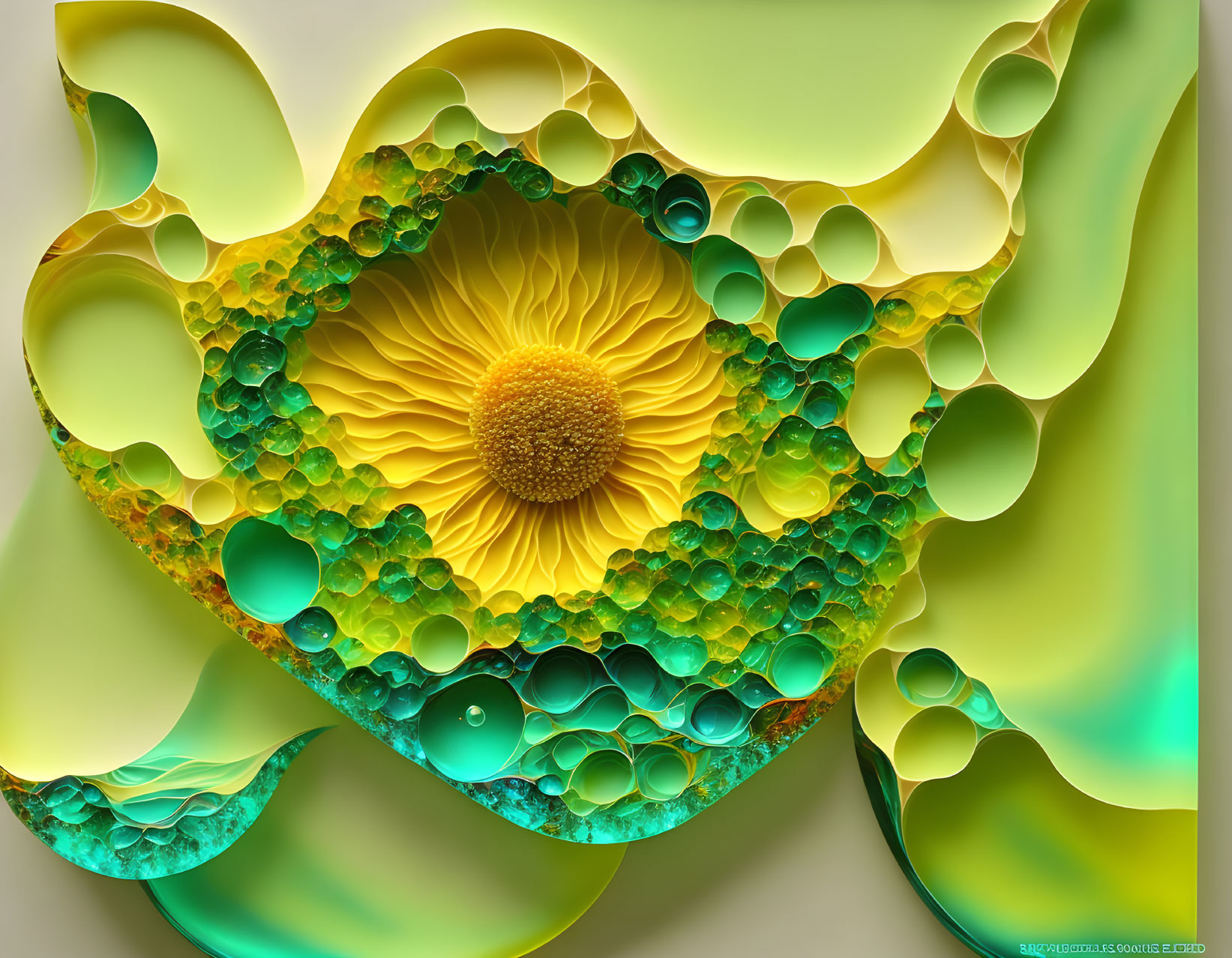 Abstract Fractal Art: Flower with Honeycomb Patterns in Gold and Green