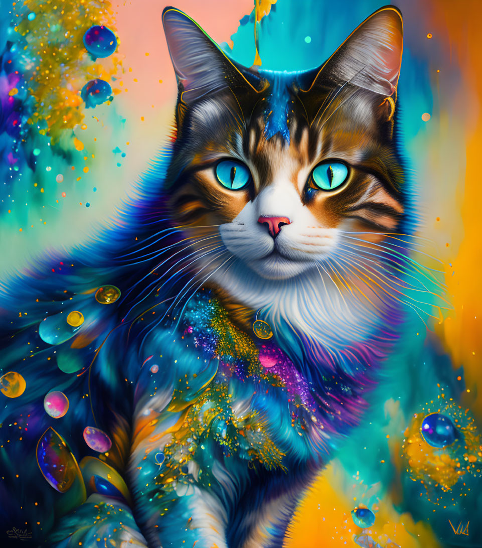 Colorful digital art: Cat with multicolored fur and blue eyes in paint splatter backdrop.