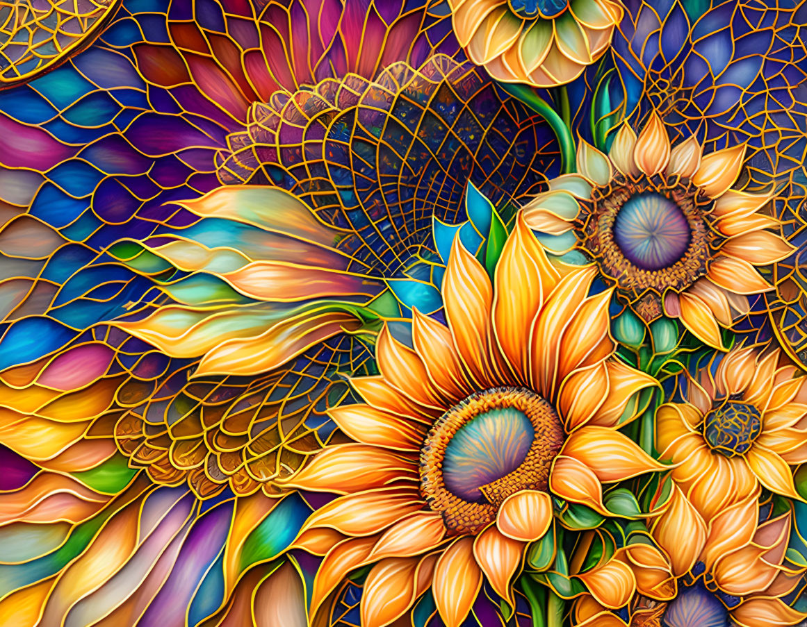 Colorful Stained Glass Style Illustration of Vibrant Flowers and Abstract Patterns