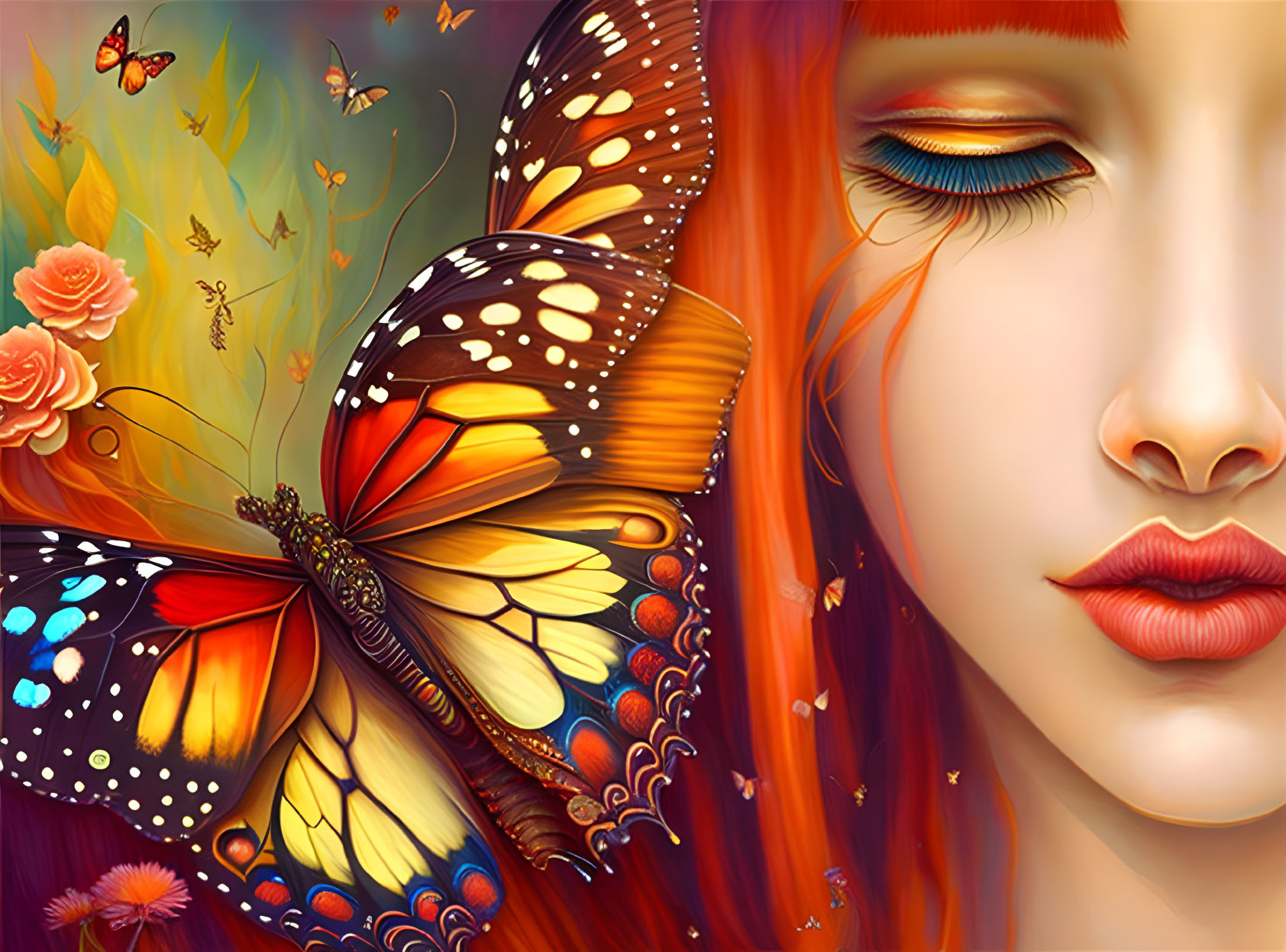 Colorful illustration of woman with butterfly wings in flower garden