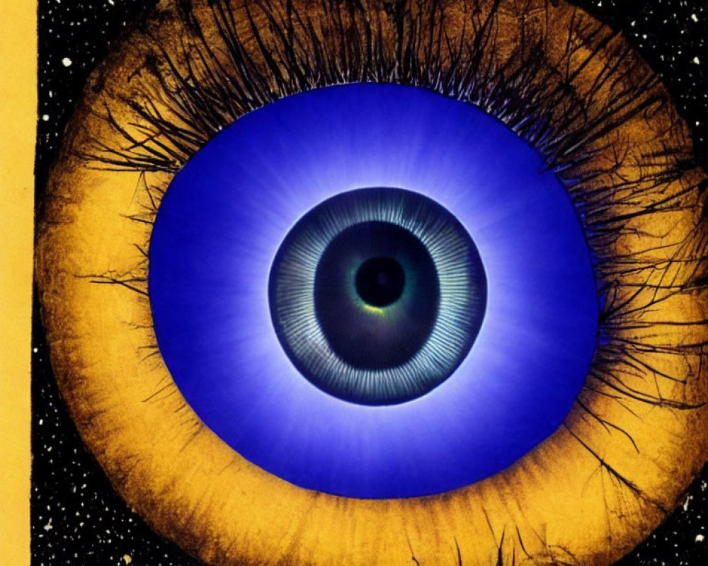 Vivid blue eye with lashes on starry background, "LIKE" above, "LAKE