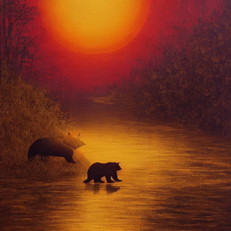 Bear walking under glowing red sun in mystical landscape