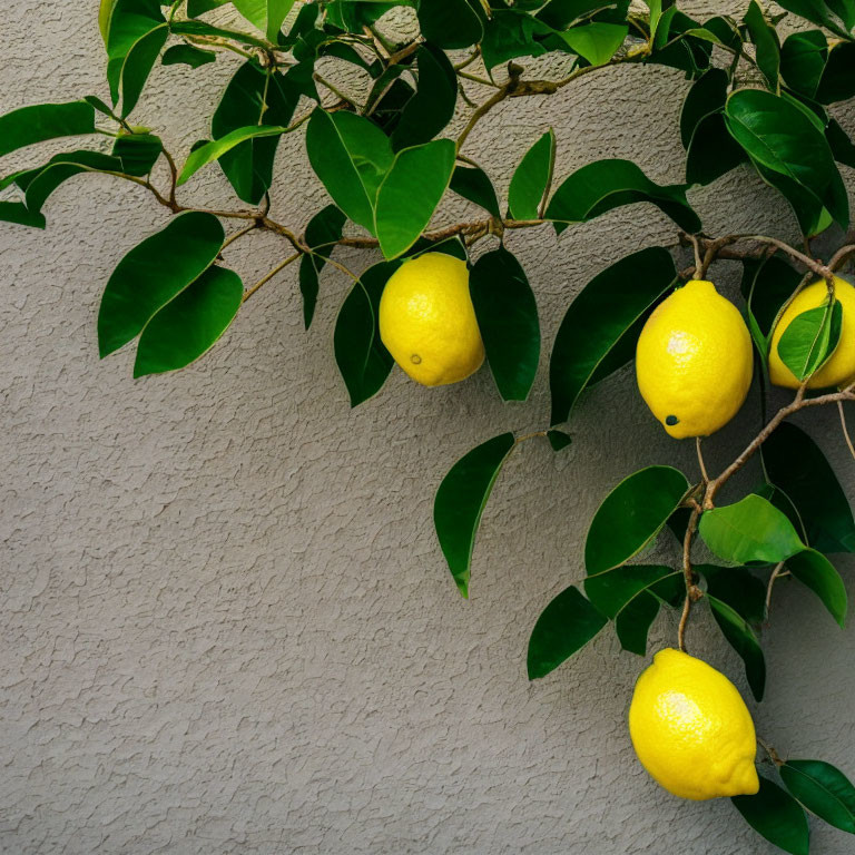 Vibrant yellow lemons on green branch against gray wall