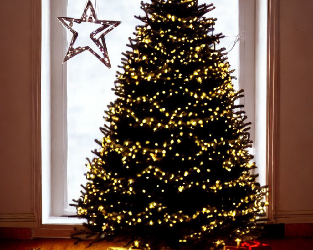 Christmas tree with star decoration and wrapped presents by window