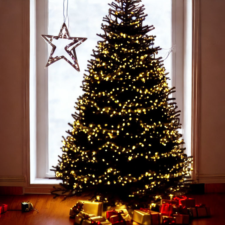 Christmas tree with star decoration and wrapped presents by window